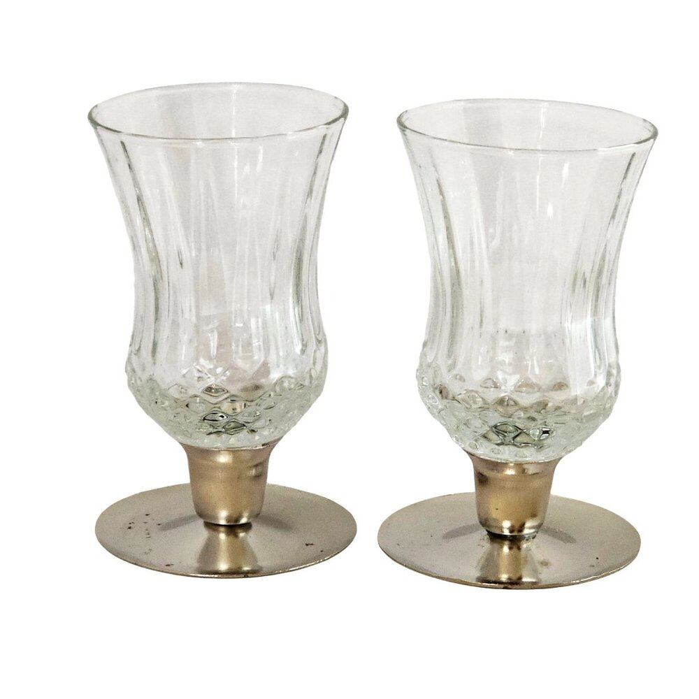 2 Homco Hurricane Glass Candle Holders 5" tealight votive vtg silvertone metal